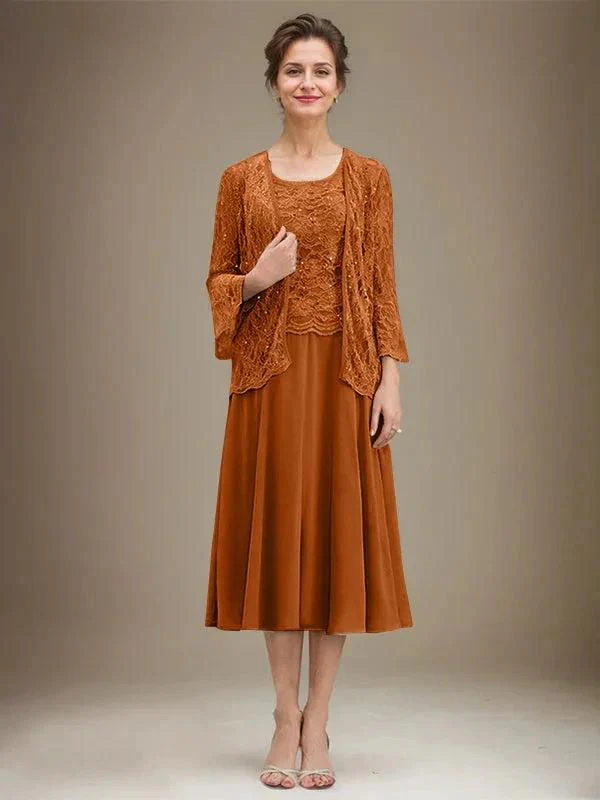 A-line Scoop Tea-Length Lace Chiffon Mother of the Bride Dress With Sequins - Image 11