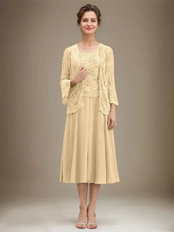 A-line Scoop Tea-Length Lace Chiffon Mother of the Bride Dress With Sequins - Image 12