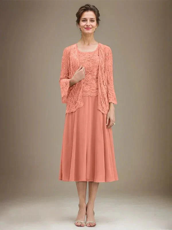 A-line Scoop Tea-Length Lace Chiffon Mother of the Bride Dress With Sequins - Image 13