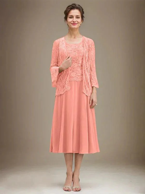 A-line Scoop Tea-Length Lace Chiffon Mother of the Bride Dress With Sequins - Image 14