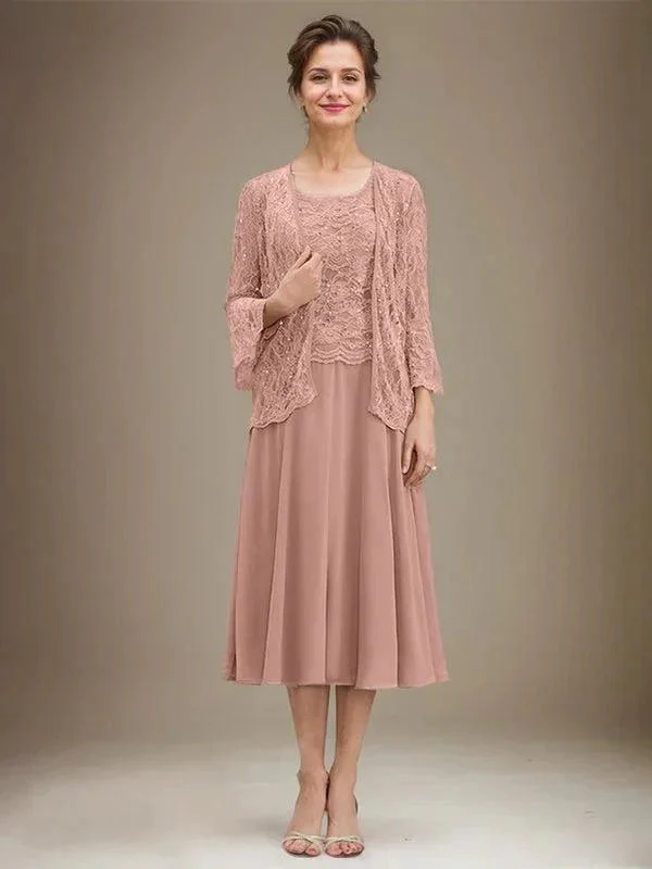 A-line Scoop Tea-Length Lace Chiffon Mother of the Bride Dress With Sequins - Image 15