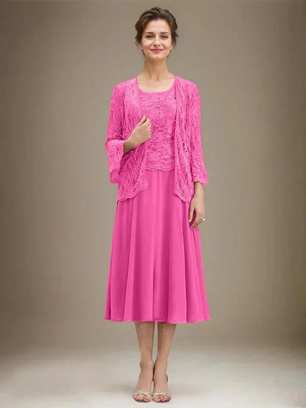 A-line Scoop Tea-Length Lace Chiffon Mother of the Bride Dress With Sequins - Image 16