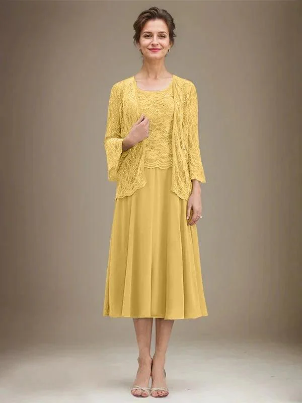A-line Scoop Tea-Length Lace Chiffon Mother of the Bride Dress With Sequins - Image 17