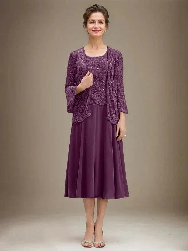 A-line Scoop Tea-Length Lace Chiffon Mother of the Bride Dress With Sequins - Image 18