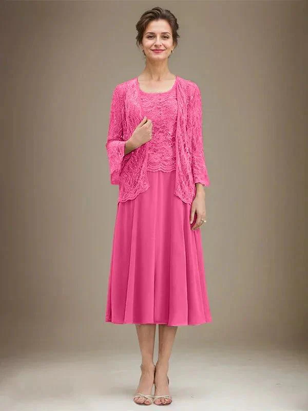 A-line Scoop Tea-Length Lace Chiffon Mother of the Bride Dress With Sequins - Image 19