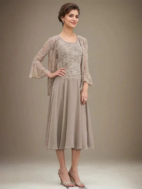A-line Scoop Tea-Length Lace Chiffon Mother of the Bride Dress With Sequins - Image 2