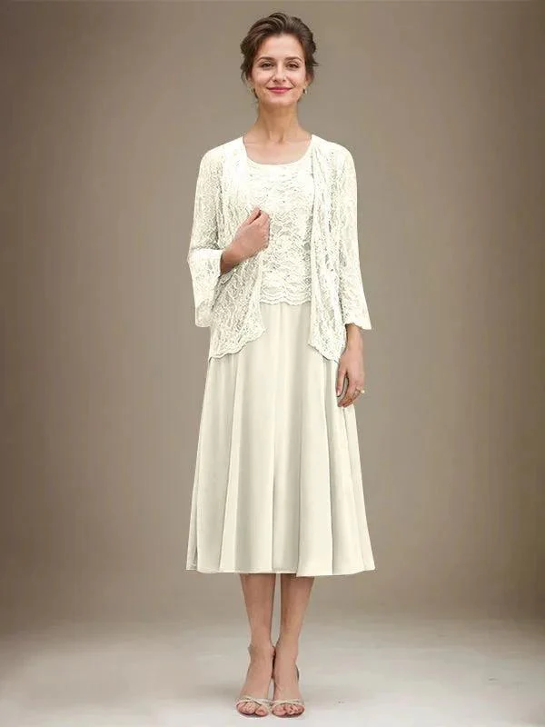 A-line Scoop Tea-Length Lace Chiffon Mother of the Bride Dress With Sequins - Image 20