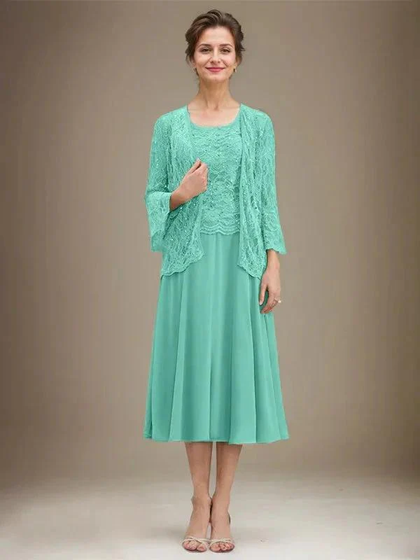 A-line Scoop Tea-Length Lace Chiffon Mother of the Bride Dress With Sequins - Image 21