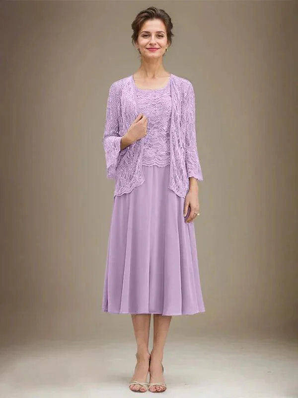 A-line Scoop Tea-Length Lace Chiffon Mother of the Bride Dress With Sequins - Image 22