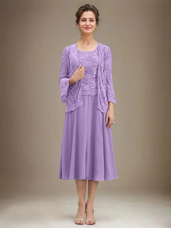 A-line Scoop Tea-Length Lace Chiffon Mother of the Bride Dress With Sequins - Image 23
