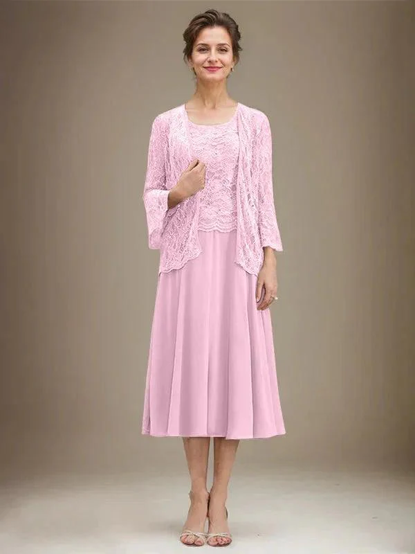 A-line Scoop Tea-Length Lace Chiffon Mother of the Bride Dress With Sequins - Image 24