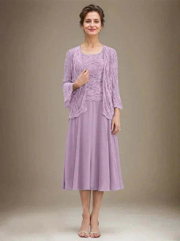 A-line Scoop Tea-Length Lace Chiffon Mother of the Bride Dress With Sequins - Image 25