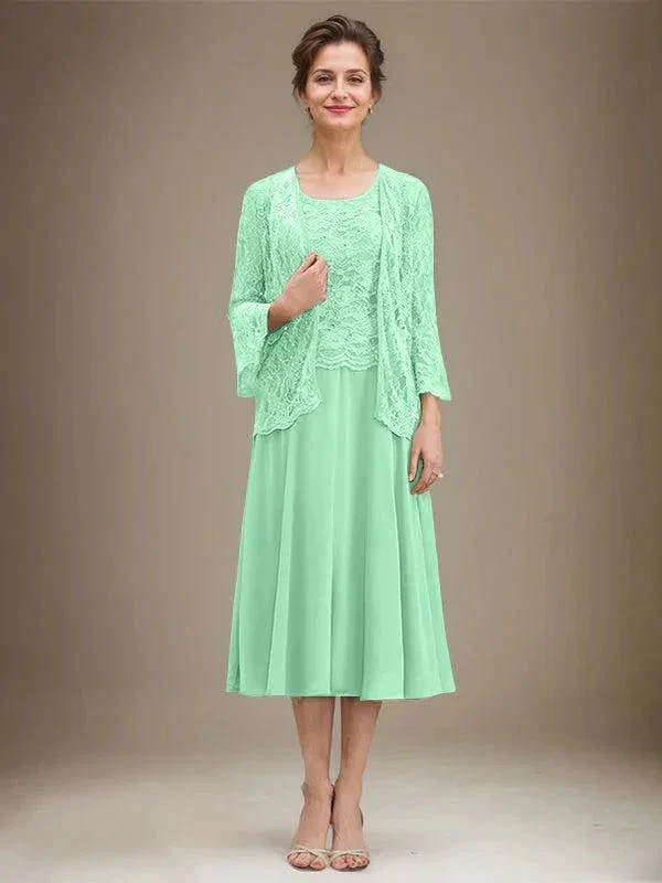 A-line Scoop Tea-Length Lace Chiffon Mother of the Bride Dress With Sequins - Image 26