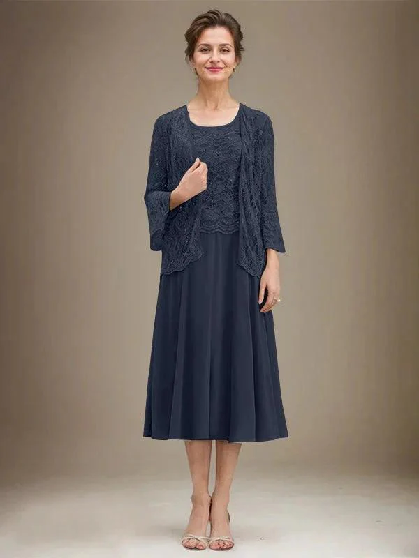 A-line Scoop Tea-Length Lace Chiffon Mother of the Bride Dress With Sequins - Image 27