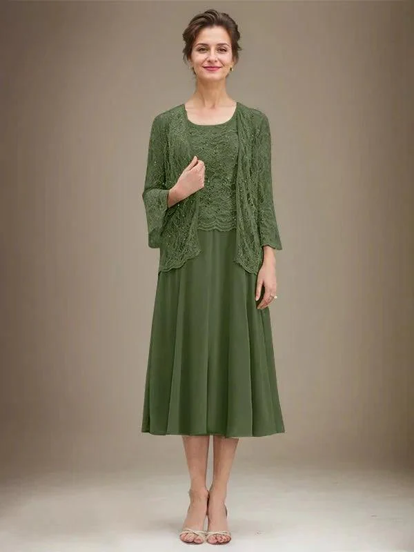 A-line Scoop Tea-Length Lace Chiffon Mother of the Bride Dress With Sequins - Image 28