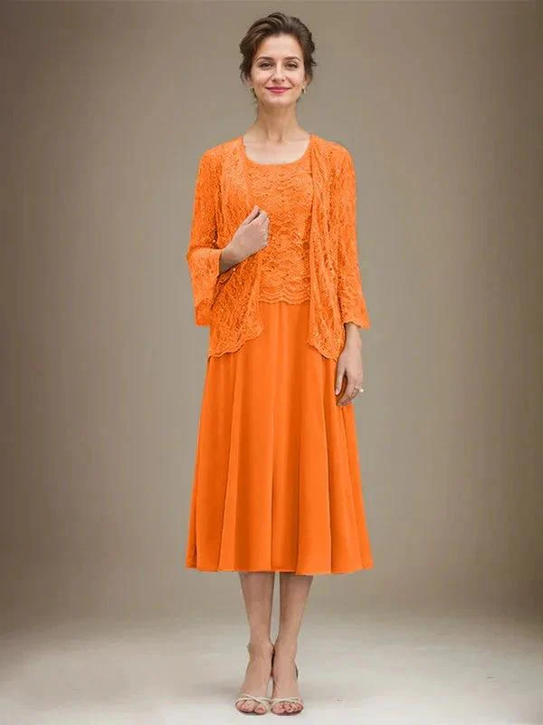 A-line Scoop Tea-Length Lace Chiffon Mother of the Bride Dress With Sequins - Image 29