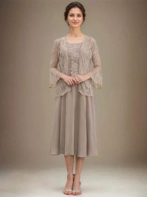 A-line Scoop Tea-Length Lace Chiffon Mother of the Bride Dress With Sequins - Image 3