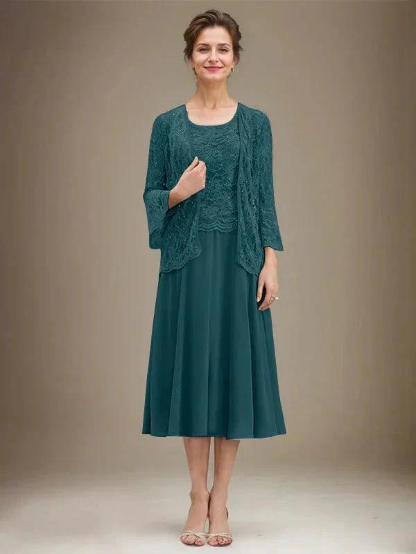 A-line Scoop Tea-Length Lace Chiffon Mother of the Bride Dress With Sequins - Image 30