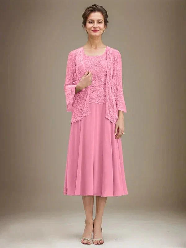 A-line Scoop Tea-Length Lace Chiffon Mother of the Bride Dress With Sequins - Image 31