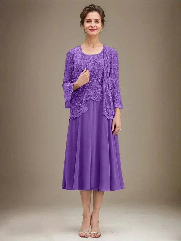 A-line Scoop Tea-Length Lace Chiffon Mother of the Bride Dress With Sequins - Image 32