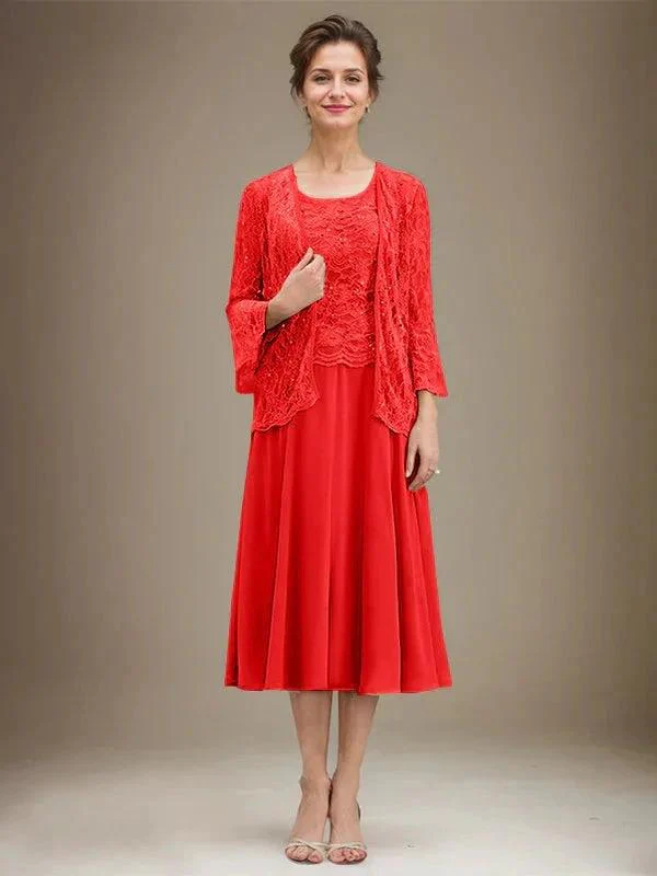 A-line Scoop Tea-Length Lace Chiffon Mother of the Bride Dress With Sequins - Image 33