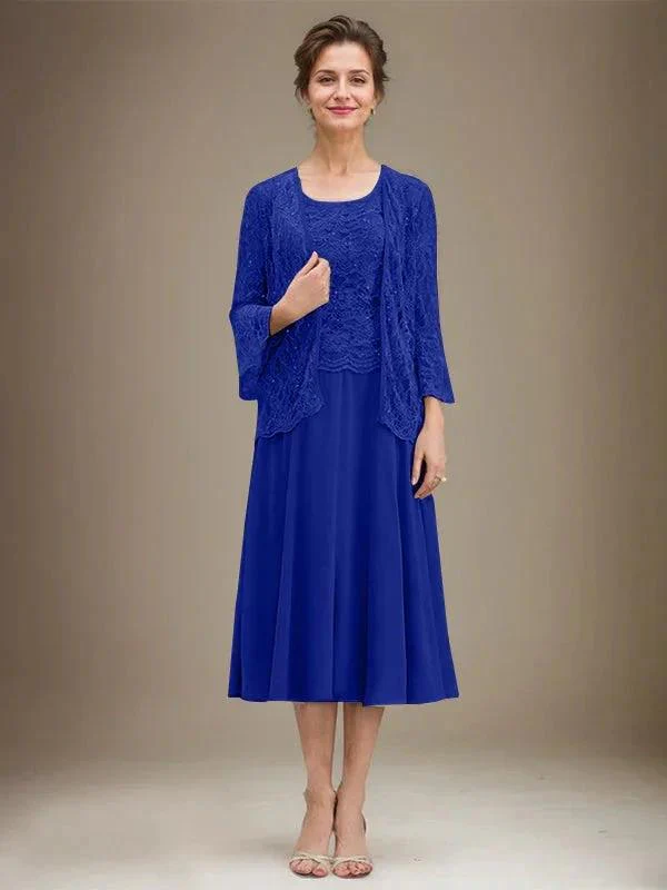 A-line Scoop Tea-Length Lace Chiffon Mother of the Bride Dress With Sequins - Image 34