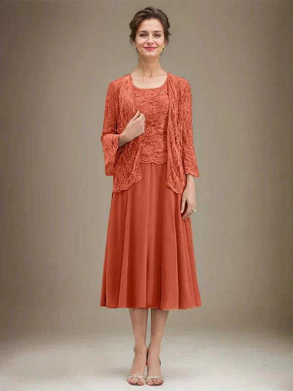 A-line Scoop Tea-Length Lace Chiffon Mother of the Bride Dress With Sequins - Image 35