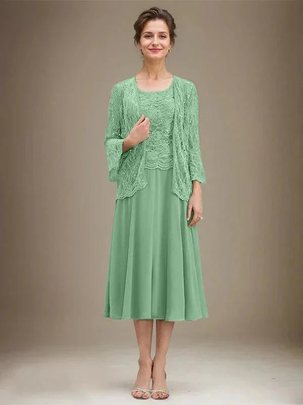 A-line Scoop Tea-Length Lace Chiffon Mother of the Bride Dress With Sequins - Image 36