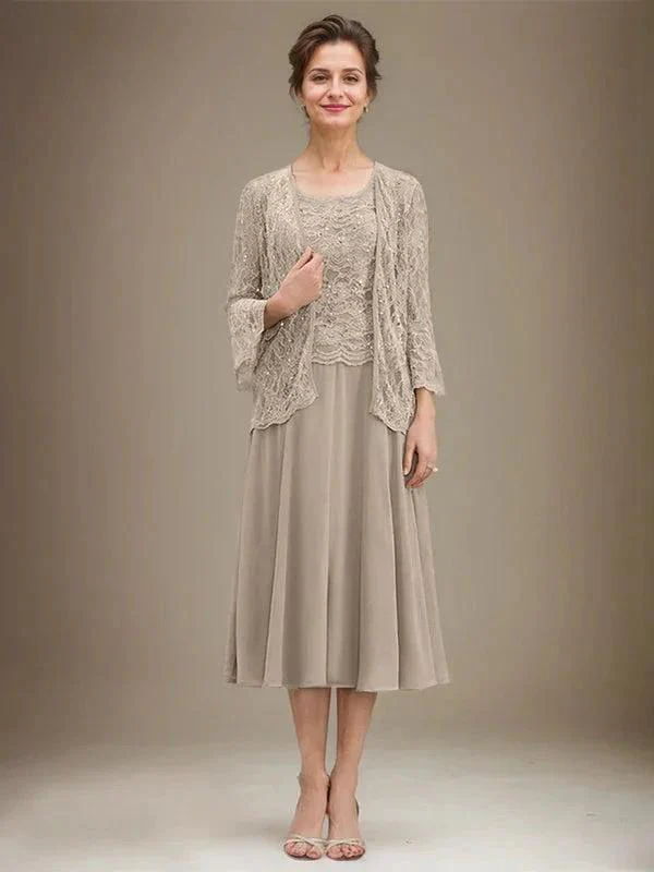 A-line Scoop Tea-Length Lace Chiffon Mother of the Bride Dress With Sequins - Image 37