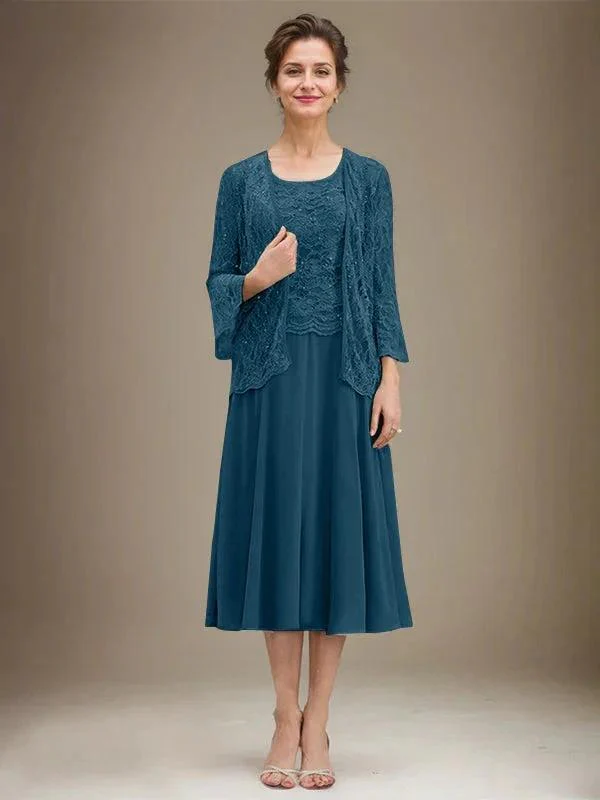 A-line Scoop Tea-Length Lace Chiffon Mother of the Bride Dress With Sequins - Image 38