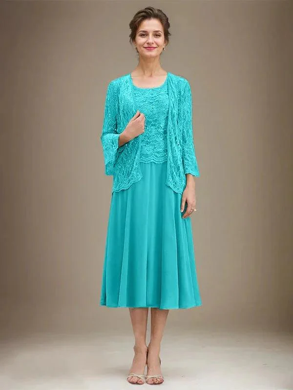 A-line Scoop Tea-Length Lace Chiffon Mother of the Bride Dress With Sequins - Image 39