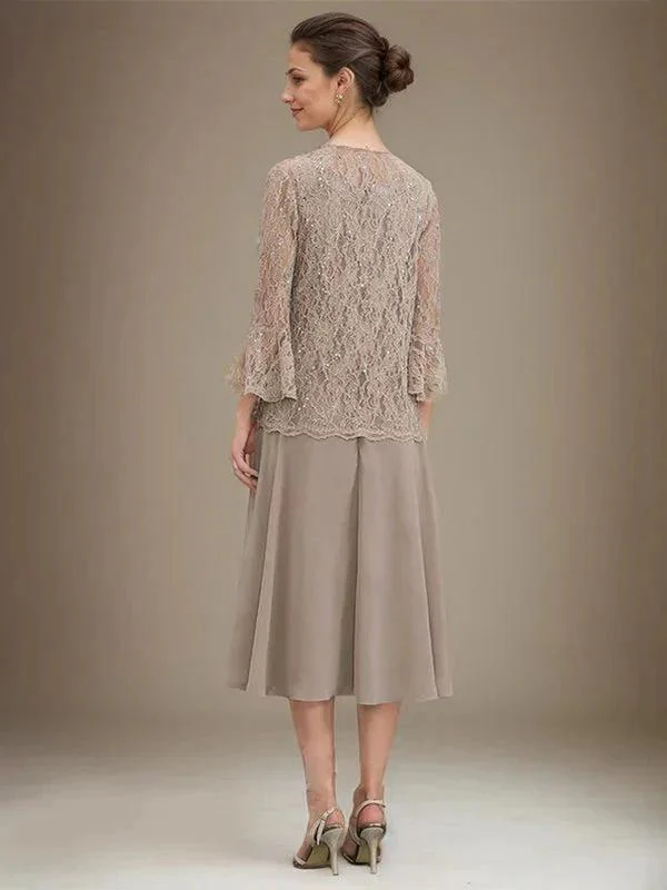 A-line Scoop Tea-Length Lace Chiffon Mother of the Bride Dress With Sequins - Image 4