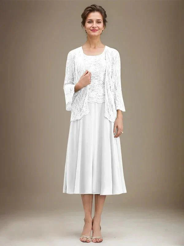 A-line Scoop Tea-Length Lace Chiffon Mother of the Bride Dress With Sequins - Image 40