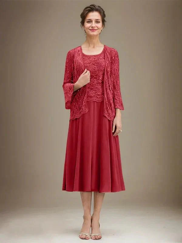 A-line Scoop Tea-Length Lace Chiffon Mother of the Bride Dress With Sequins - Image 41