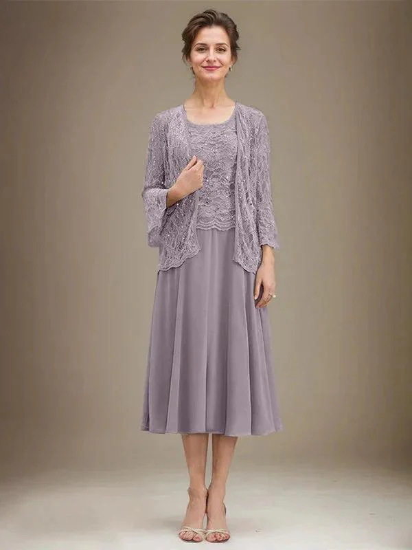 A-line Scoop Tea-Length Lace Chiffon Mother of the Bride Dress With Sequins - Image 42