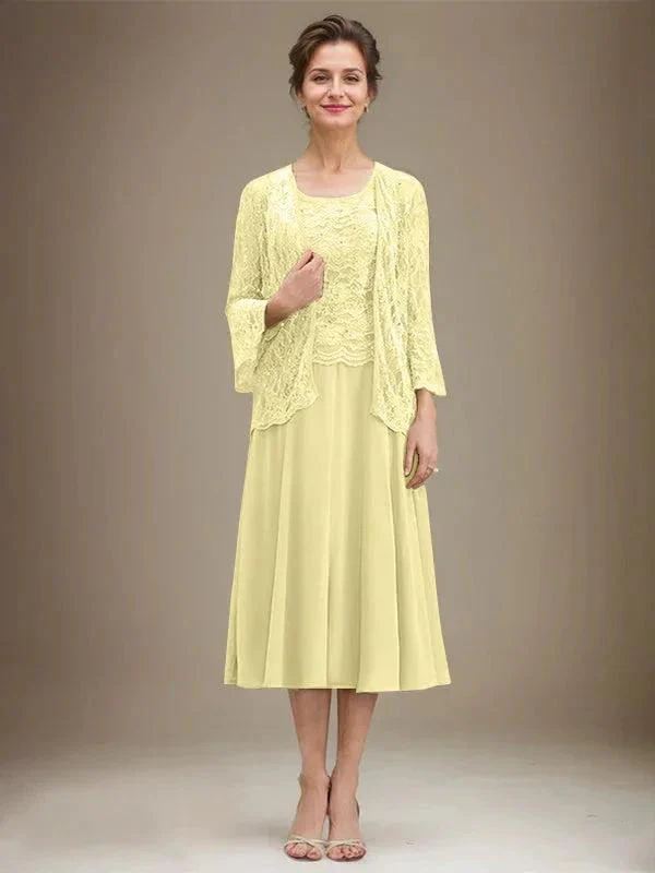 A-line Scoop Tea-Length Lace Chiffon Mother of the Bride Dress With Sequins - Image 43