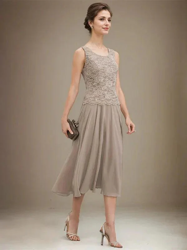 A-line Scoop Tea-Length Lace Chiffon Mother of the Bride Dress With Sequins - Image 5