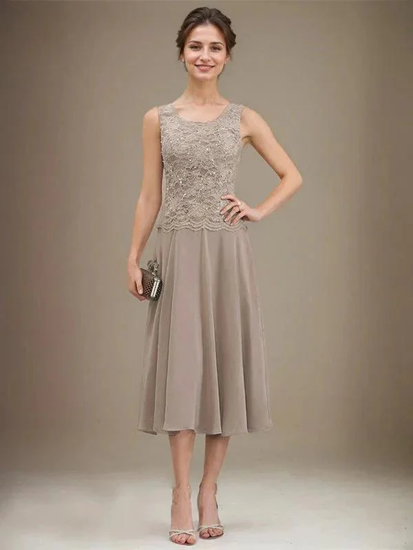 A-line Scoop Tea-Length Lace Chiffon Mother of the Bride Dress With Sequins - Image 6