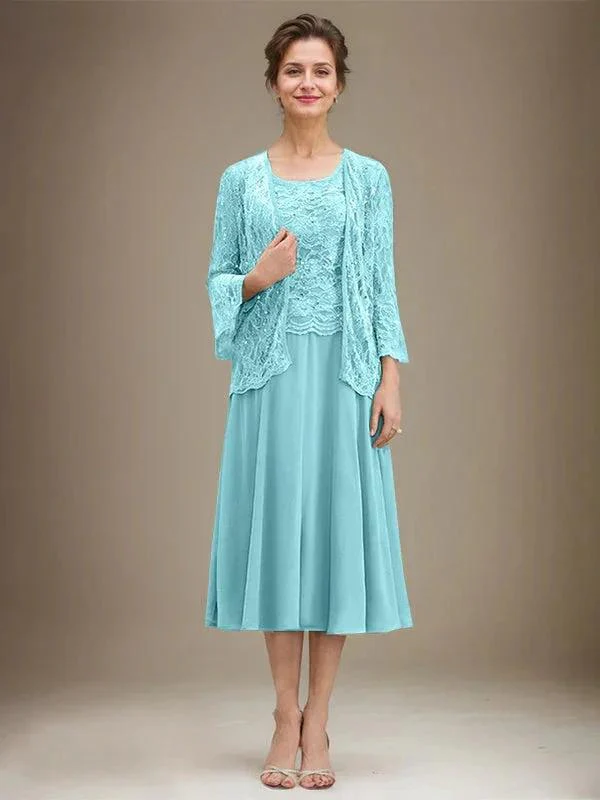 A-line Scoop Tea-Length Lace Chiffon Mother of the Bride Dress With Sequins - Image 7