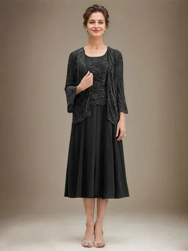 A-line Scoop Tea-Length Lace Chiffon Mother of the Bride Dress With Sequins - Image 8