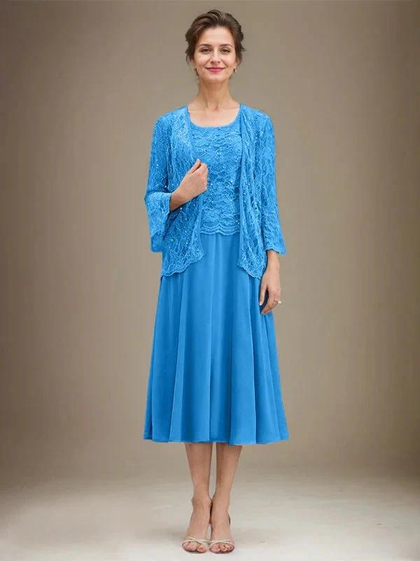 A-line Scoop Tea-Length Lace Chiffon Mother of the Bride Dress With Sequins - Image 9