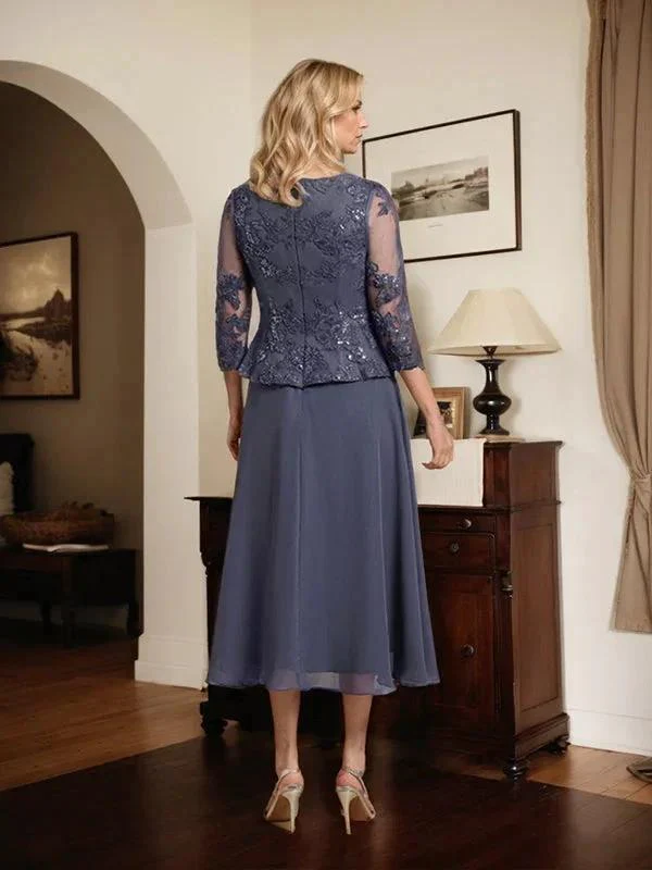 A-line Scoop Tea-Length Lace Chiffon Mother of the Bride Dress With Sequins - Image 2