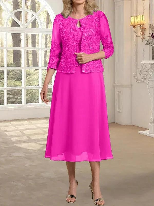 A-line Scoop Tea-Length Lace Chiffon Mother of the Bride Dress With Sequins - Image 20