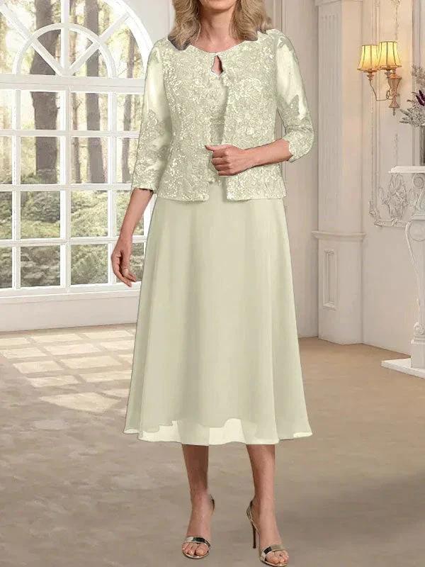 A-line Scoop Tea-Length Lace Chiffon Mother of the Bride Dress With Sequins - Image 21