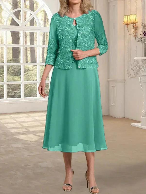 A-line Scoop Tea-Length Lace Chiffon Mother of the Bride Dress With Sequins - Image 22