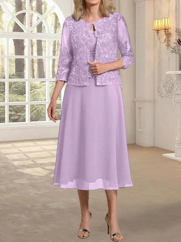 A-line Scoop Tea-Length Lace Chiffon Mother of the Bride Dress With Sequins - Image 23