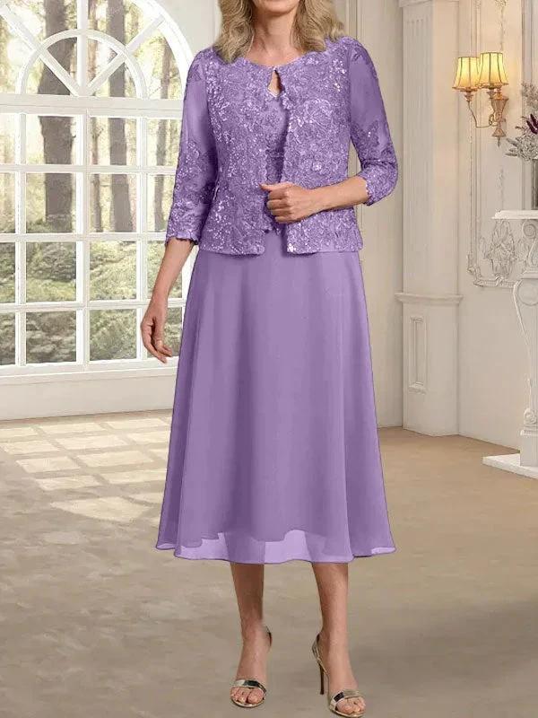 A-line Scoop Tea-Length Lace Chiffon Mother of the Bride Dress With Sequins - Image 24