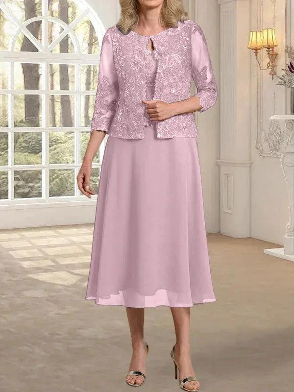 A-line Scoop Tea-Length Lace Chiffon Mother of the Bride Dress With Sequins - Image 25