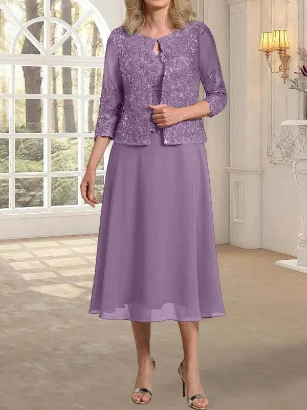 A-line Scoop Tea-Length Lace Chiffon Mother of the Bride Dress With Sequins - Image 26