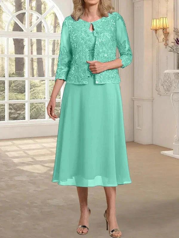 A-line Scoop Tea-Length Lace Chiffon Mother of the Bride Dress With Sequins - Image 27